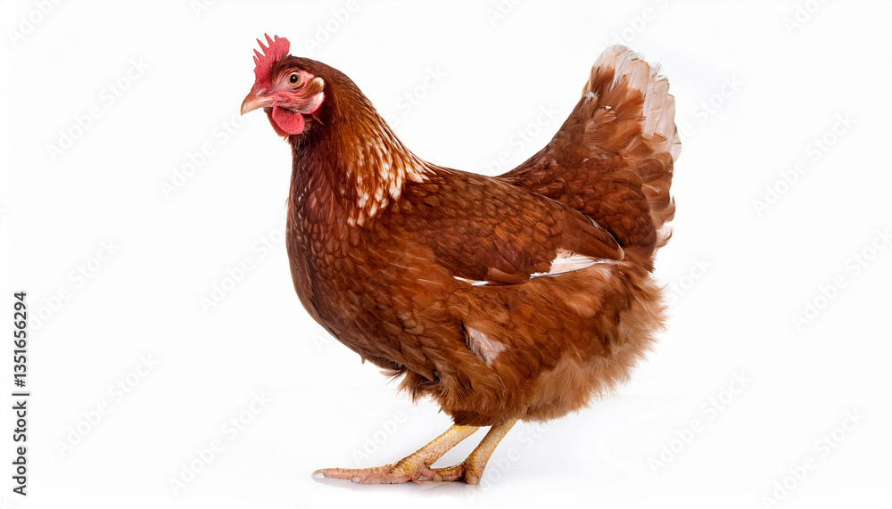 Fototapeta premium a brown chicken hen is shown standing in isolation against a white backdrop