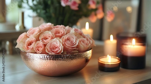 A bowl of pink roses sits on a wooden table next to candles
