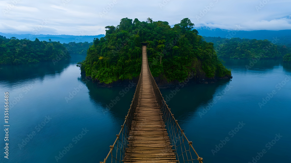 Obraz premium Bamboo Suspension Bridge Extending Over Ocean to a Remote Island Escape
