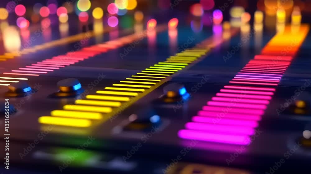 Close-up view of a colorful audio mixing console with vibrant LED lights and blurred background Close-up view of a colorful audio mixing console with vibrant LED lights and blurred background
