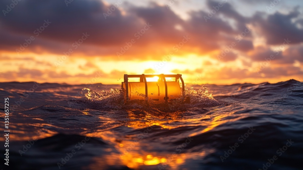 Sunrise over ocean, illuminated buoyant device floats on waves Sunrise over ocean, illuminated buoyant device floats on waves