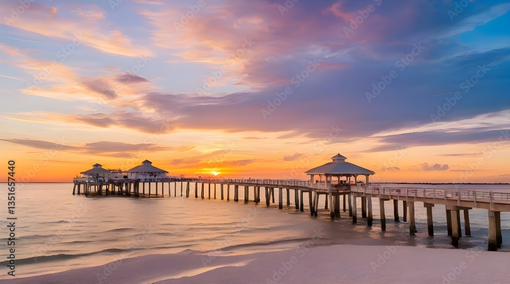 Fototapeta premium Fort Myers Pier at Sunset Florida USA.generative.ai