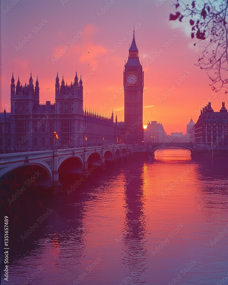 Naklejka premium London's Iconic Clock Tower at Sunset: A Breathtaking View of Big Ben and the Houses of Parliament