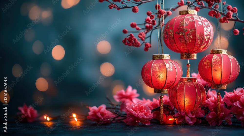 Festive red lanterns and blossoms illuminate a dark background, creating a warm, celebratory scene Festive red lanterns and blossoms illuminate a dark background, creating a warm, celebratory scene
