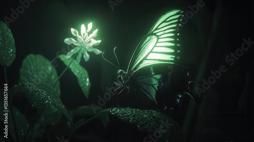Glowing Butterfly on a Dewy Flower Petal in a Mystical Night Garden with Ethereal Light