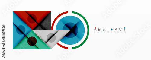 Geometric abstract design with layered triangles, circles, and gradients, forming a structured pattern with sharp contrasts and depth