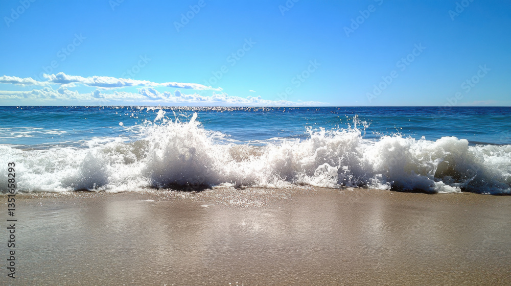 Fototapeta premium Waves crashing on a sandy beach with a clear blue sky overhead