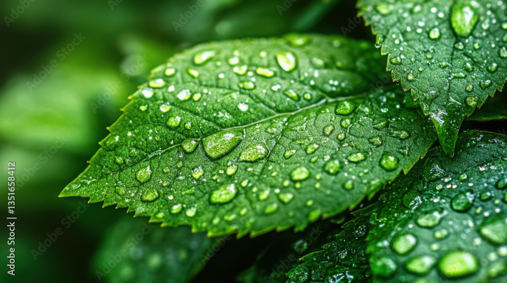 Close-up of water droplets on a vibrant green leaf after rain Close-up of water droplets on a vibrant green leaf after rain