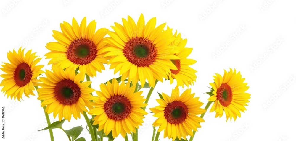 Bright yellow sunflowers isolated on pure white background, sunny, flower Bright yellow sunflowers isolated on pure white background, sunny, flower