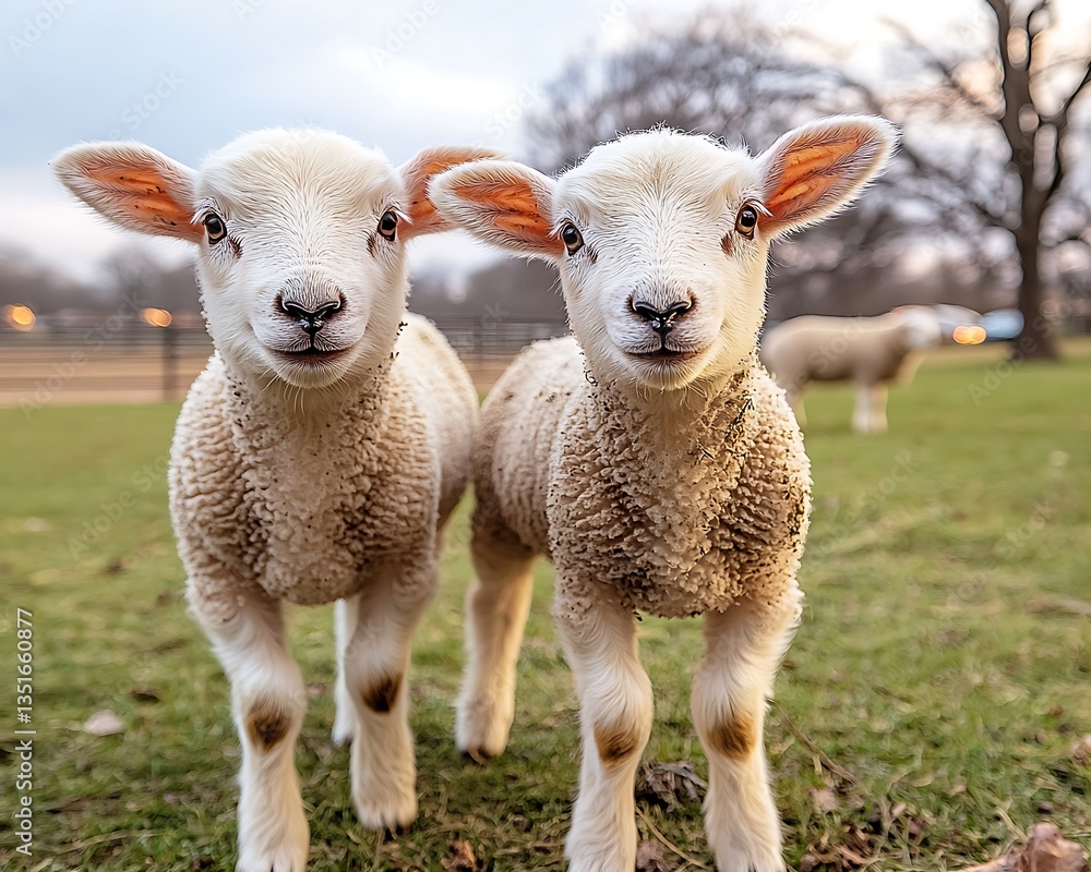 Two fluffy young lambs stand looking directly at the viewer Two fluffy young lambs stand looking directly at the viewer
