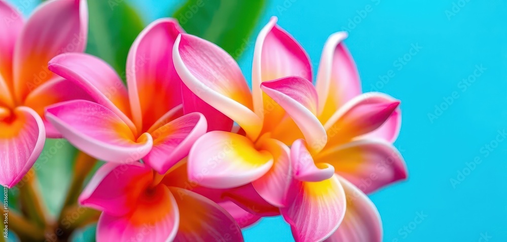 Fototapeta premium Close-up of vibrant, fragrant Plumeria acutifolia blossoms, texture, nature
