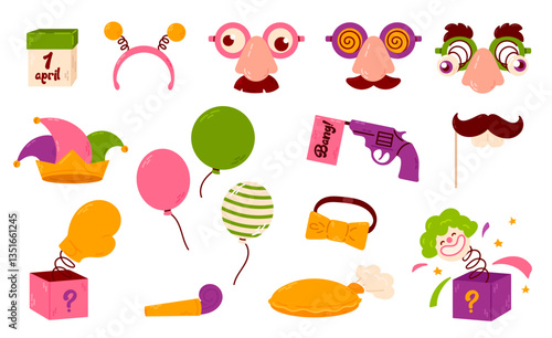 A colorful set of prank and joke items for April Fools' Day, including funny glasses, mustaches, toy guns, balloons, and surprise boxes. Perfect for humor and celebration designs.