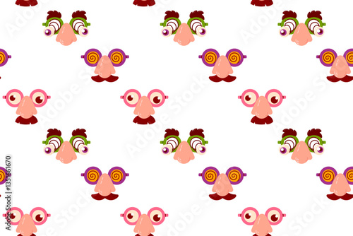 A seamless pattern featuring cartoonish faces with joke glasses, mustaches, and clown noses on a white background