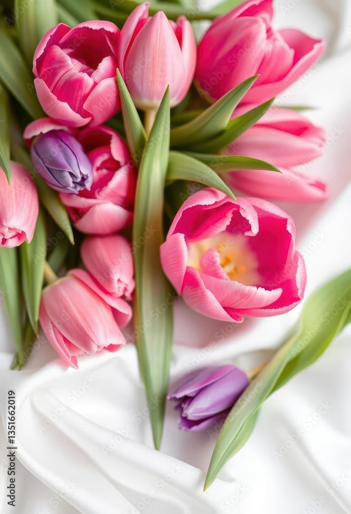 Obraz premium Delicate pink and violet tulips arranged on pristine white silk, art, hue, tone