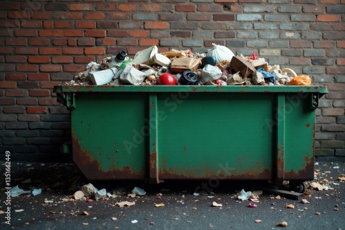 Rusty green dumpster against brick wall Damp, dark alley; overflowing trash , environment, garbage, wide shot