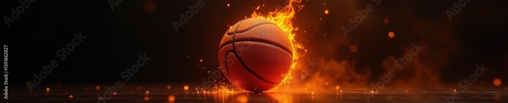 Fototapeta premium Fiery orange basketball on black, intense light, texture, burning