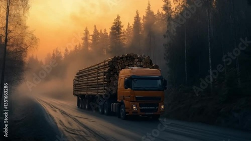 Wallpaper Mural Big orange trailer truck driving on the road in the middle of the forest. Smooth repeating motion for background video animation. Torontodigital.ca