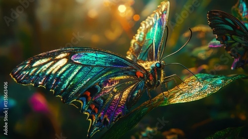 Iridescent Butterfly with Colorful Wings Resting on Lush Green Leaves in Nature's Tranquil Garden