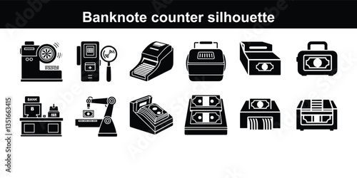 Money Transfer Black Line & Fill Vector Icon Banknote counter putting money into currency counting machine outline vector illustration, putting currency into Vector Cash Counter Glyph Gradient Icon
  