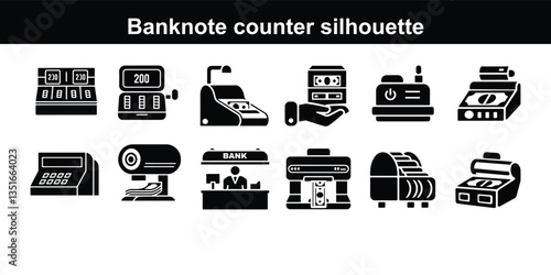 Money Transfer Black Line & Fill Vector Icon Banknote counter putting money into currency counting machine outline vector illustration, putting currency into Vector Cash Counter Glyph Gradient Icon
  