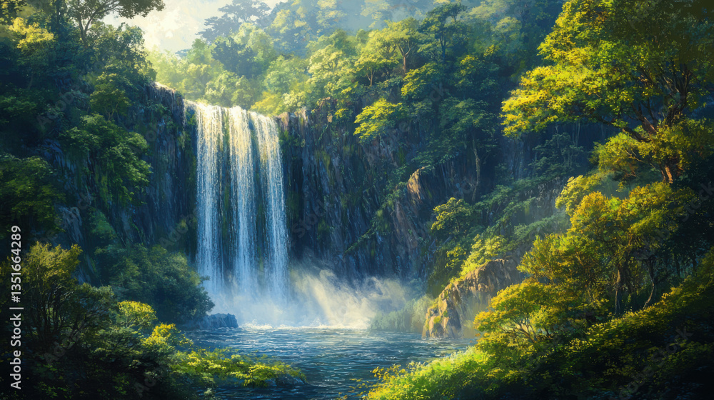 Naklejka premium Majestic waterfall cascading down a cliff surrounded by lush greenery