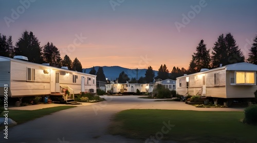 Mobile homes on a trailer park at dusk.generative.ai