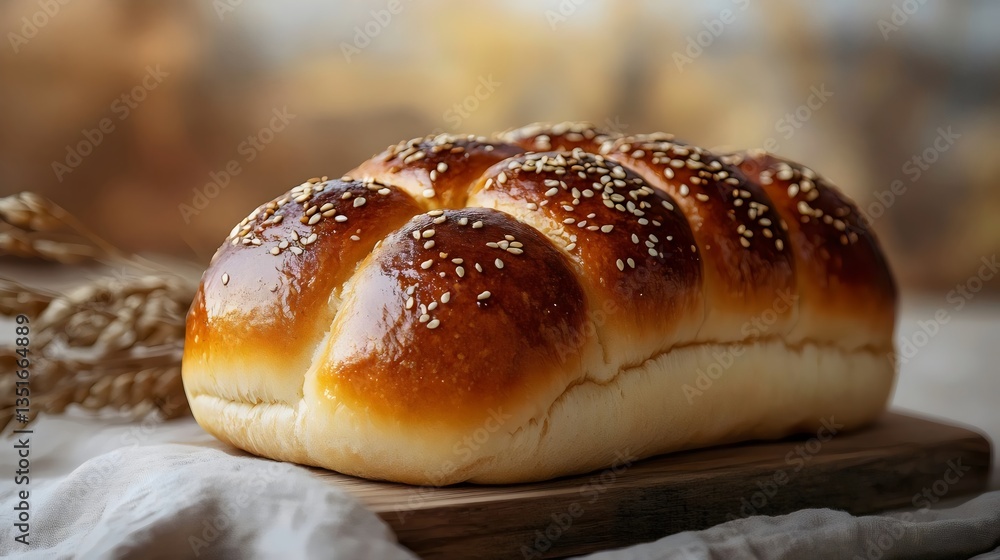 A brown roll with sesame seeds on top sits on a wooden cutting board A brown roll with sesame seeds on top sits on a wooden cutting board