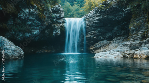 A serene waterfall with smooth rocks and a calm, reflective pool at its base
