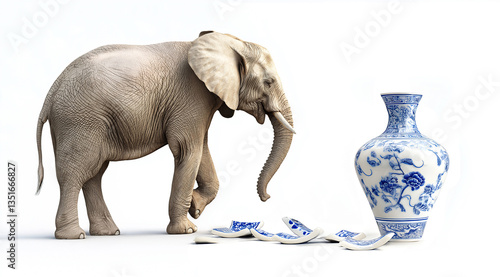 Elephant in china shop cartoon proverb illustration, broken precious Ming vase ceramics,drawing of awkward clumsy person, strong, big, pachyderm next to fragile delicate fine expensive luxury products