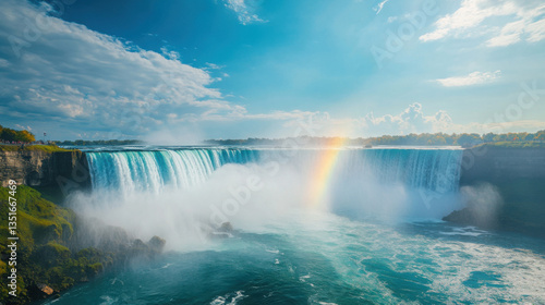 Powerful waterfall with spray and mist creating a rainbow against the sky