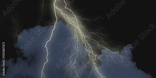 Mountainous Cumulus Clouds Boiling in the Summer Sky. White cloudiness, mist or smog overlay backgrounds. Wide sky and clouds dark tone. Dark cloud at evening sky with thunder bolt .