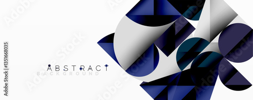 Modern abstract composition with layered circles and angular segments featuring gradients, transparency effects, and a structured geometric layout