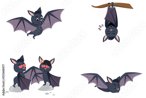 Collection of cartoon bat. Cute cartoon character hanging upside down on a branch, flying, in love. Halloween vector illustration.