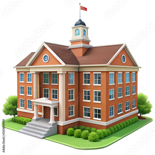 Brick School Building Education Architecture 3D Model isolated on transparent background