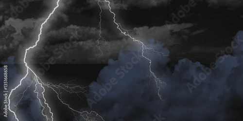 Mountainous Cumulus Clouds Boiling in the Summer Sky. White cloudiness, mist or smog overlay backgrounds. Wide sky and clouds dark tone. Dark cloud at evening sky with thunder bolt .