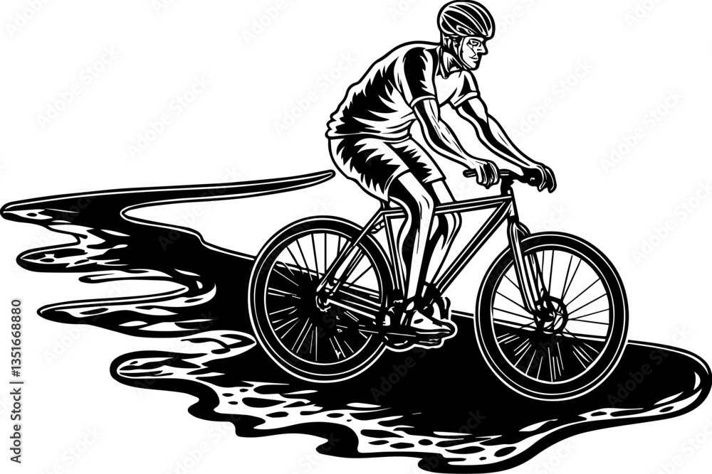 Fototapeta premium Ghost Skull Bicycle a fusion of eerie and mechanical design in SVG and vector format. Mountain Biker Riding Through Unique Black and White Landscape Design