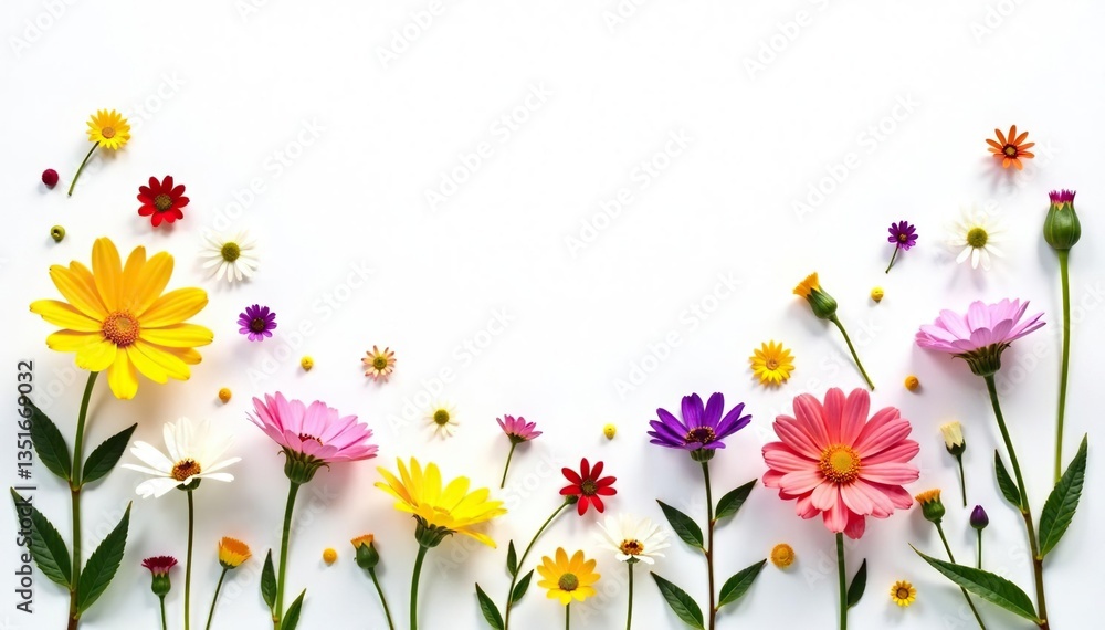 Obraz premium Delicate, scattered wildflowers on white background, wildflowers, flowers