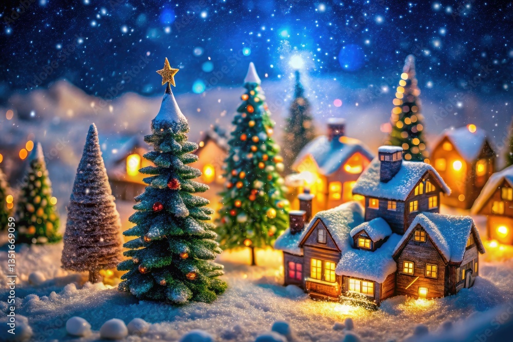 Christmas magic: snowy miniature village glows at night, double exposure captures festive charm. Christmas magic: snowy miniature village glows at night, double exposure captures festive charm.