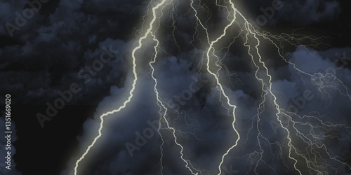Mountainous Cumulus Clouds Boiling in the Summer Sky. White cloudiness, mist or smog overlay backgrounds. Wide sky and clouds dark tone. Dark cloud at evening sky with thunder bolt .