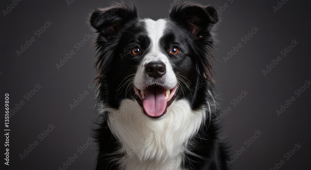 Black and white border collie smiling in studio photoshoot Black and white border collie smiling in studio photoshoot