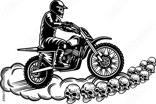 Ghost Skull Motorcycle a haunting fusion of speed and darkness in SVG and vector format. Skull Motocross Rider with Skulls in Background for Graphic Design