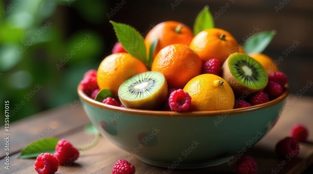 A vibrant bowl of assorted fresh fruit, including juicy citrus segments and halved kiwi fruit, complemented by a scattering of sweet raspberries, creates a delightful and healthy-looking arrangement. A vibrant bowl of assorted fresh fruit, including juicy citrus segments and halved kiwi fruit, complemented by a scattering of sweet raspberries, creates a delightful and healthy-looking arrangement.