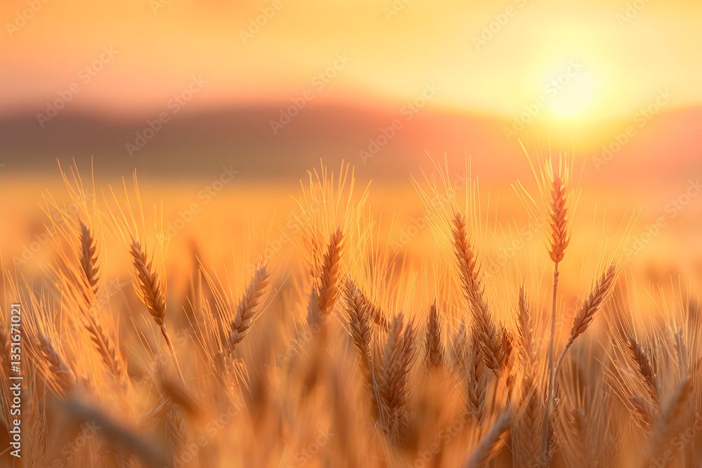 Obraz premium Golden Wheat Field at Sunset with Rolling Hills and a Serene Sky