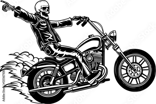 Ghost Skull Motorcycle a haunting fusion of speed and darkness in SVG and vector format. Skeleton Rider on Motorcycle with Flames and Bold Action Pose