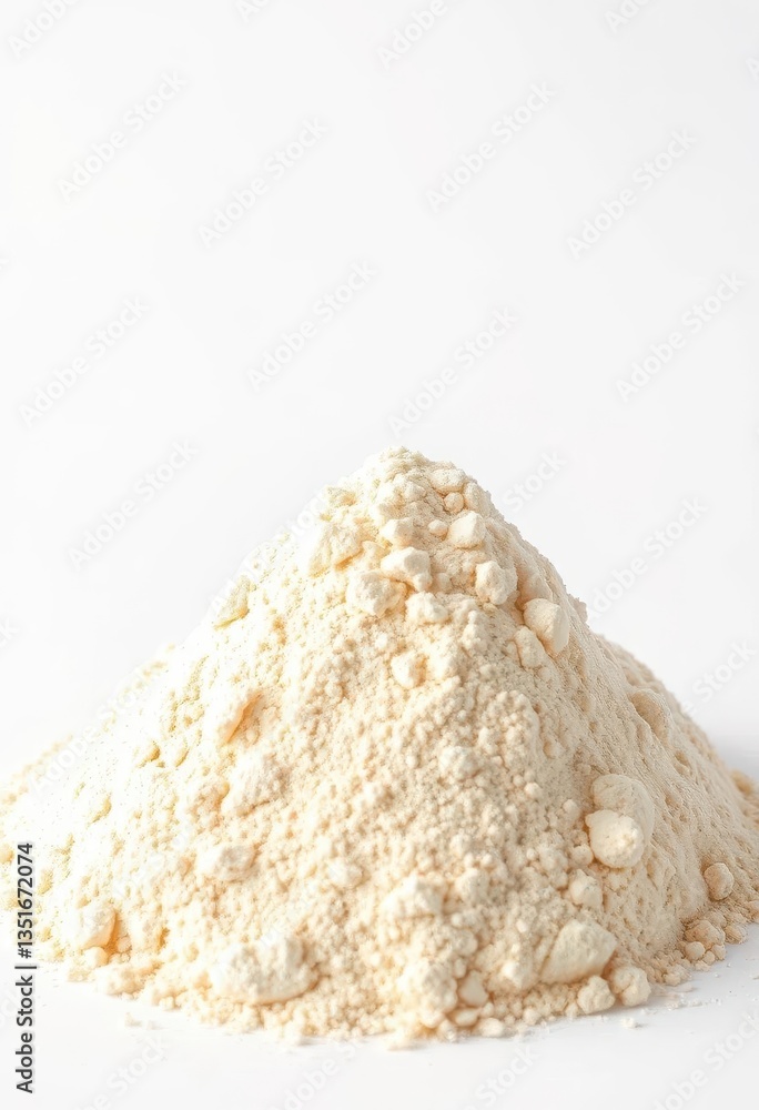 A mound of whole wheat flour, unbleached and grainy, sits alone against a stark white backdrop, food, dietary, dry A mound of whole wheat flour, unbleached and grainy, sits alone against a stark white backdrop, food, dietary, dry