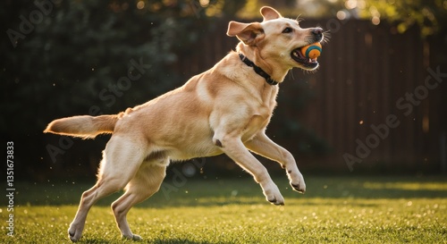 Labrador dog is jumping for a ball in the grass