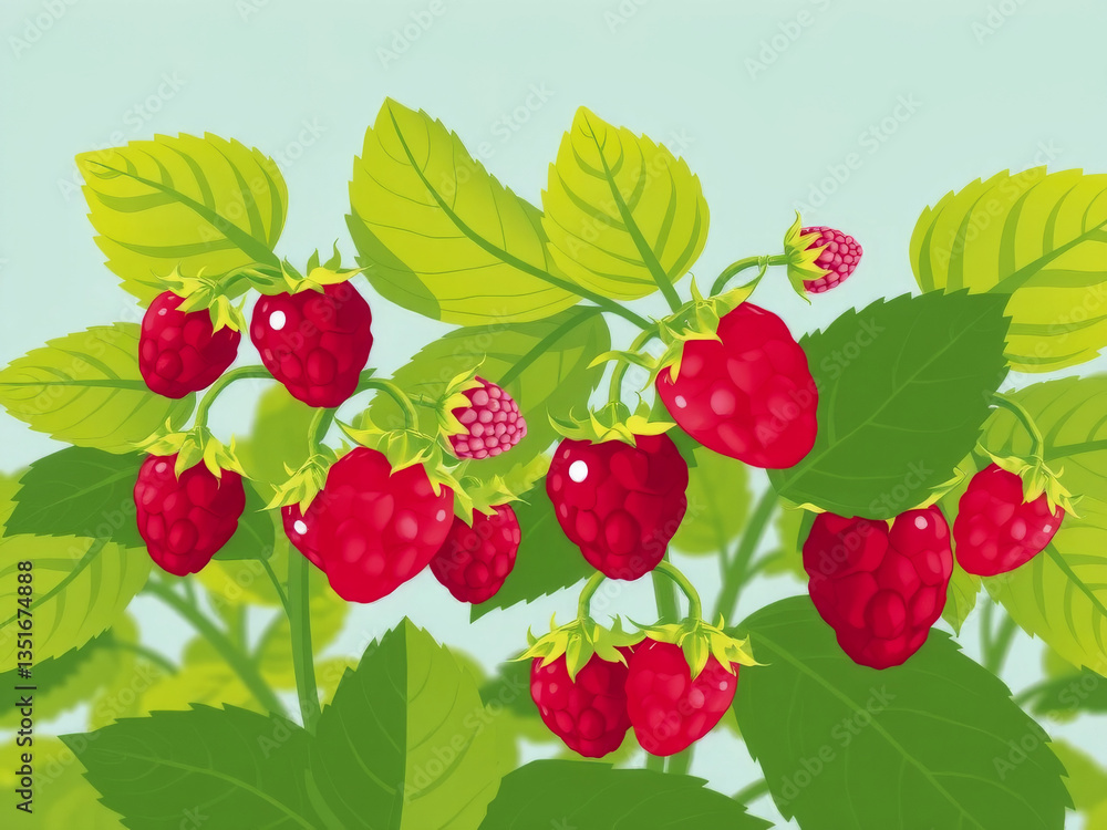 A bunch of red raspberries hanging from a plant. The berries are ripe and ready to be picked