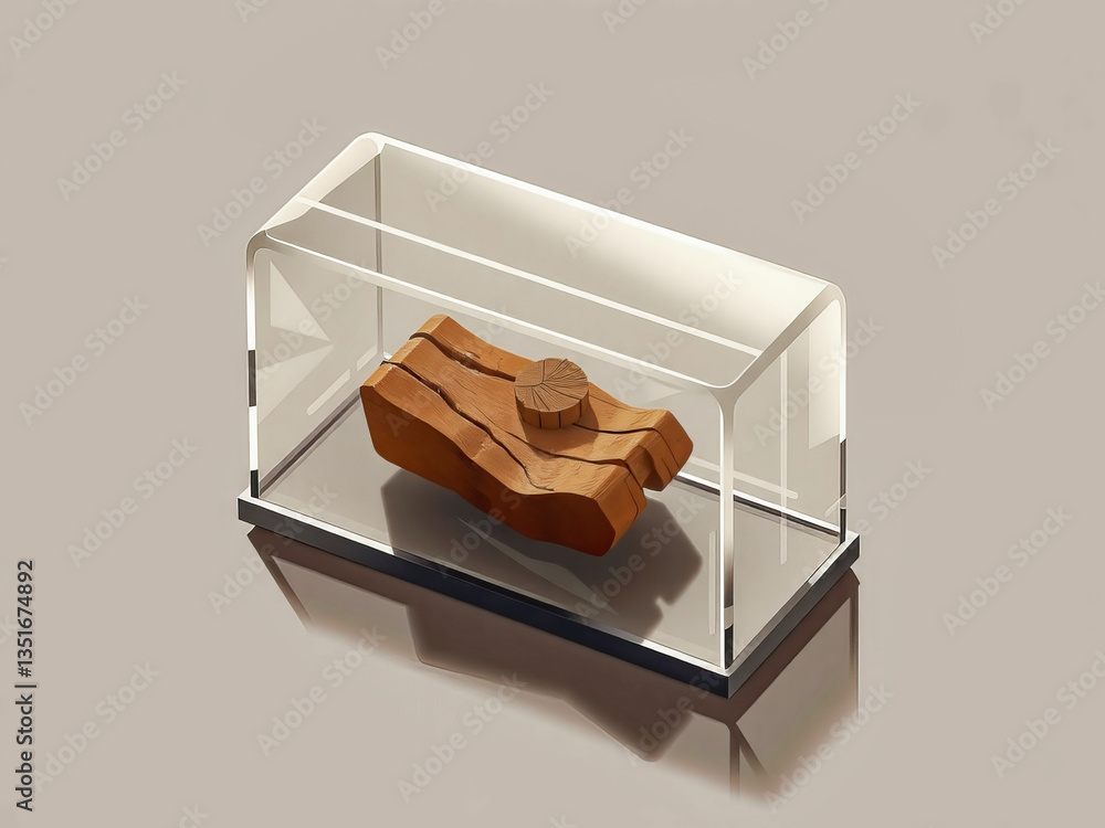A wooden object is in a clear case. The case is rectangular and made of clear plastic. The object is brown and has a unique shape. The case is placed on a table