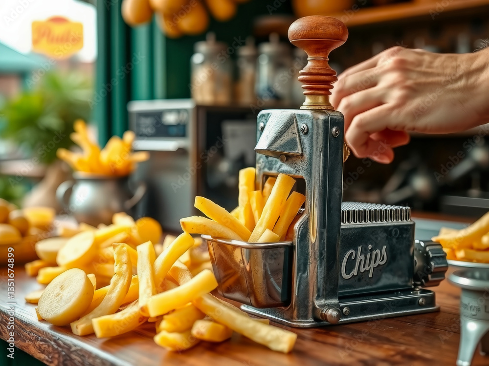 A person is using a machine to make chips. The machine is silver and has the word chips on it. There are many pieces of food on the table, including potatoes and other vegetables