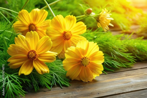 A captivating autumn still life: yellow cosmos flowers arranged artistically, a botanical masterpiece photographed from above.